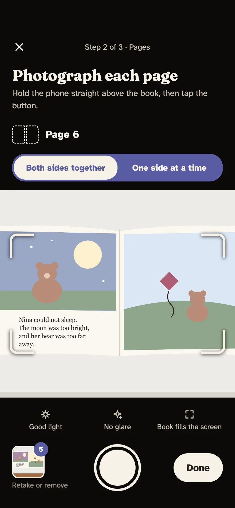 The app's camera screen: a picture book lies open in the frame, ready to photograph page 6.