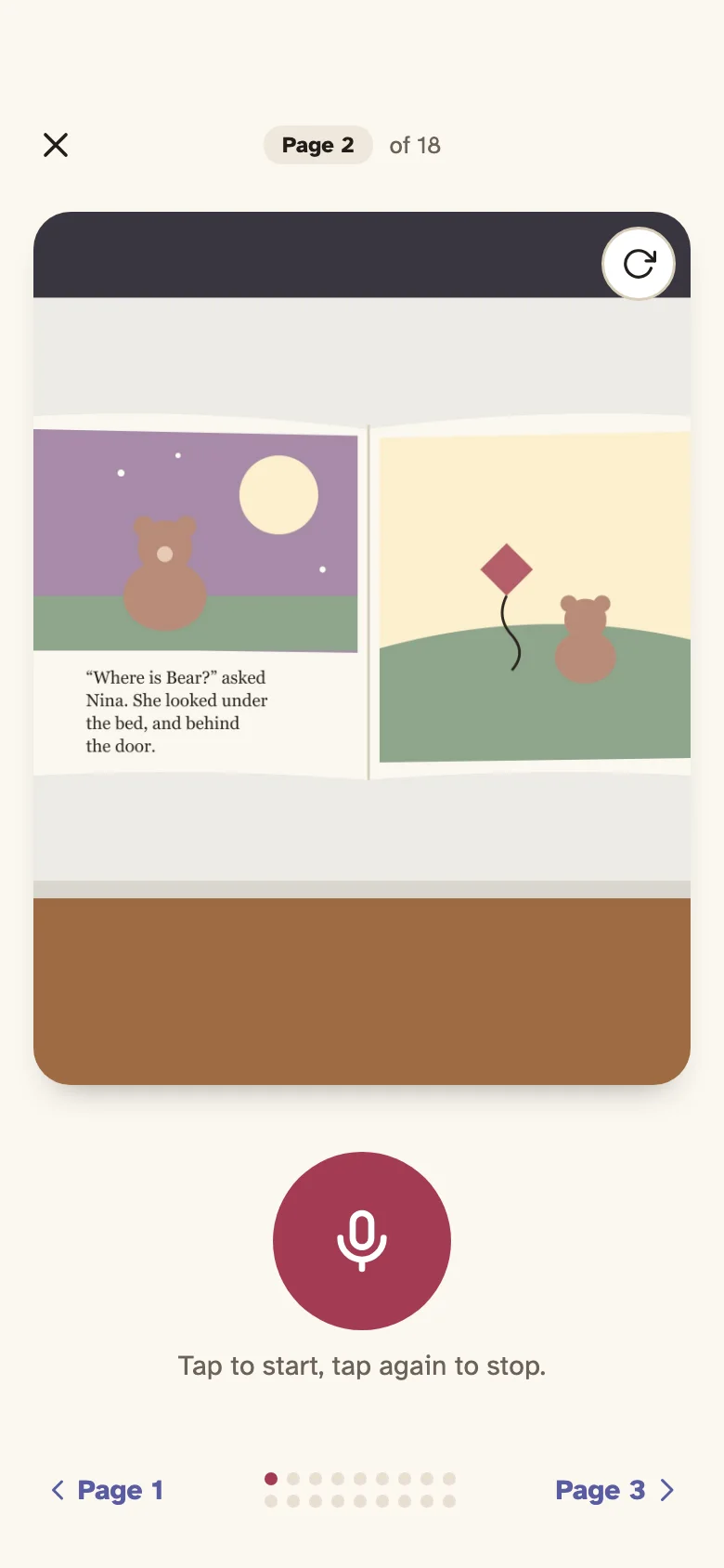 The app's recording screen: the photo of page 2 above a big red record button.